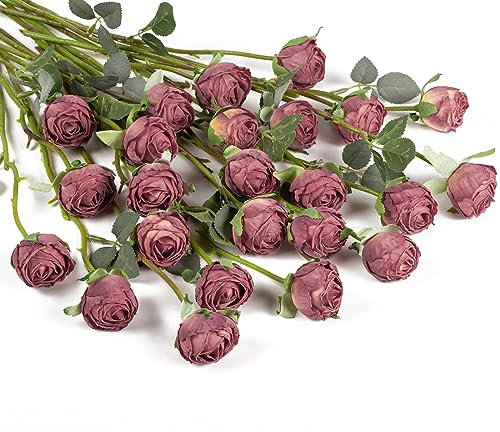 DuHouse 24 Stück Künstliche Rosen mit Langen Stielen – Vintage Seidenrosen für DIY-Sträuße, Hochzeitsdeko, Tischdekoration, Party & Zuhause(Cameo Braun)