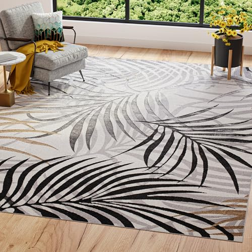 TAPISO Golden Teppich Wohnzimmer Kurzflor Schlafzimmer Luxuriös Creme Grau Beige Blätter Meliert Verwischt Modern Design ÖKOTEX 80 x 150 cm