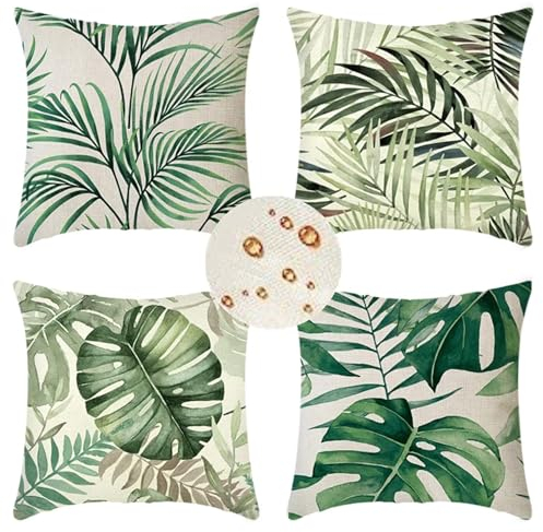 Outdoor Wetterfest Kissenbezug 45x45 cm 4er Set Grün Kissenbezüge Blatt Outdoor Kissen Wasserdicht Leinen Quadrat Sofakissen Dekokissen für Garten Terrasse Bank Stuhl Outdoor Heimdekoration Geschenke