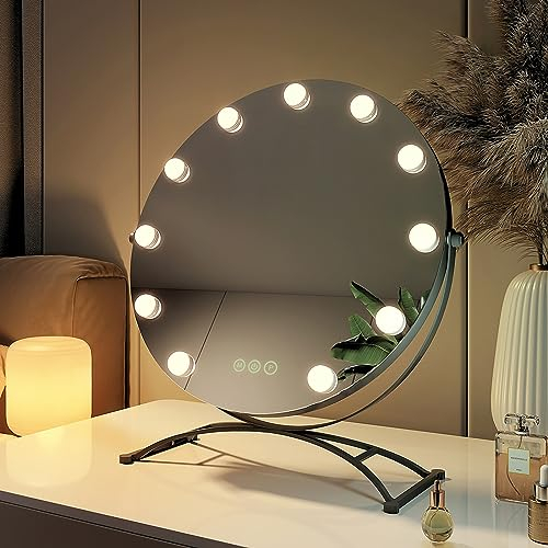 EMKE Hollywood Spiegel rund 50cm mit 3 Lichtfarben dimmbar, Schminkspiegel mit Beleuchtung 360° Grad drehbar mit 11 LED Lampen, Speicherfunktion Schminkspiegel für schminktisch Schwarz