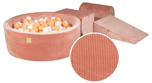 MEOWBABY Parque Infantil de Espuma con Piscina de Bolas para Niños 240x45cm/200 Bolas Conjunto de Piscina de 4 Elementos, Pana, Albaricoque: Blanc/Naranja