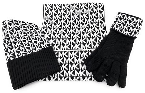 Michael Kors SET I Schal/Mütze/Handschuhe I Hat/Scarf/Gloves I Weiche Acrylwolle I Logo I Goldener Geschenkkarton I (Schwarz)