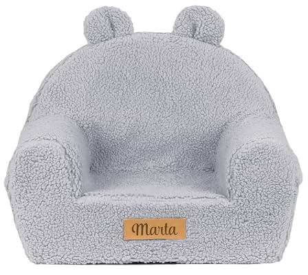 Flumi Personalisierte Kindersessel Babysessel Schaumstoff Kindersitz fur Kinderzimmer Spielzimmer – Sessel mit Gravur Kindername - Farbe: Lammfell grau