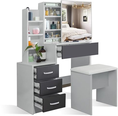 Blisswood Dressing Table with Mirror and Stool, Vanity Desk with 4 Drawer, 3 Open and 3 Hidden Storage Shelves, Modern Makeup Table for Bedroom & Living Room (Silver Grey & Grey)
