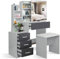 Blisswood Dressing Table with Mirror and Stool, Vanity Desk with 4 Drawer, 3 Open and 3 Hidden Storage Shelves, Modern Makeup Table for Bedroom & Living Room (Silver Grey & Grey)