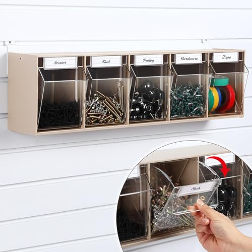 Memorywuu 5 Tilt Out Storage Slatwall Bins Plastic Tip Out Bin with Metal Hooks and Labels Wall Mount Slatwall Hanging Storage Containers for Garage Workbench Home Organization, 23. 6 x 6. 5 x 5. 2''