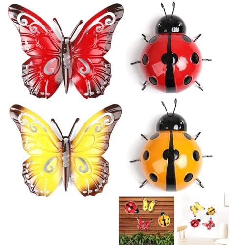 BSITSSS 2 PCS Metal Butterfly Garden Ornaments Outdoor, Garden Wall Art Decorations Outdoor Indoor Ornaments, Garden Fence Decorations, with 2 PCS Metal Ladybug Hanging Wall Art Wall Decoration