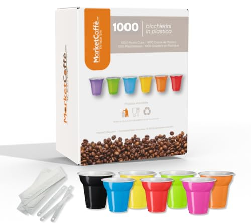 1000 Bicchierini Plastica per caffè 80cc vari colori Bar macchina caffè (1000 multicolor + Palettine)
