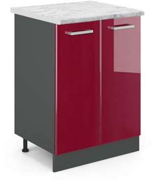 Vicco Küchenunterschrank R-Line, Rot Hochglanz, 60 cm | 2 Türen · AP Marmor inkl. · Höhenverstellbare Füße · 1 Einlegeboden · ✓ Frei kombinierbar
