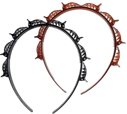 2 x Doppel-Pony-Frisuren-Haarnadeln mit 8 kleinen Clips, doppellagiges Twist-Haar-Werkzeug für lockiges, dickes Haar, gezahnte Haarbänder, Zopfwerkzeug, Haarzubehör, Schwarz und Rotbraun