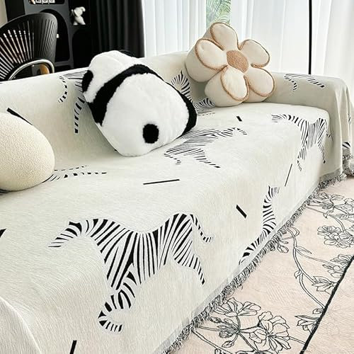 Sofa Überwurf Schwarzes Beige Zebra Decken für Sofa Polyester Kuscheldecke Mehrzweck Decke für Sofa Sofadecken Langlebig Sofa Überzug Waschbar Couchschoner Mit Quasten Plaid Decke für Sofa 180x260cm
