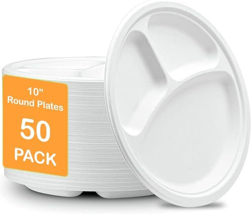 Pack of 50, 10 Large Premium Quality Strong 3 Compartment Plates - Super Rigid Bagasse for Hot & Cold Foods, Biodegradable Dinner Party Disposable Birthday Plates for Everyday Use