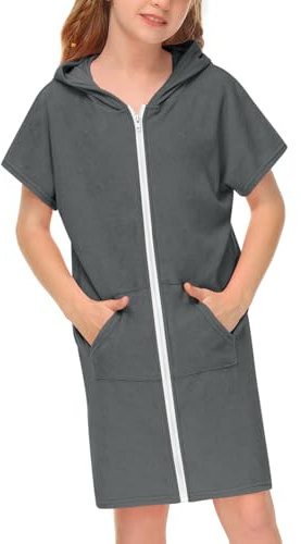 BesserBay Mädchen Strandponcho Handtuch Badeponcho mit Kapuze Taschen Reißverschluss Surf Poncho Grau 160