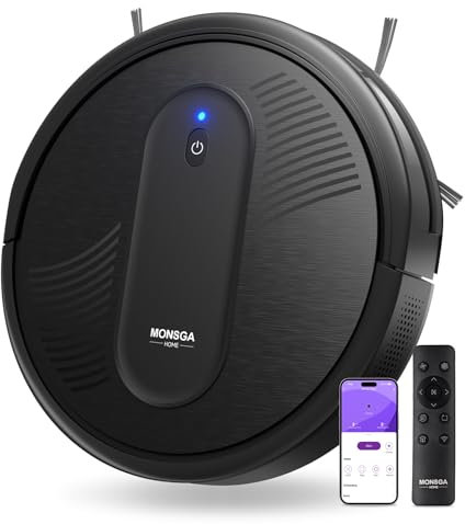 MONSGA Aspiradora robot, aspiradora robot, succión fuerte, 180 minutos de tiempo de funcionamiento, delgada, bajo ruido, autocarga automática, control Wi-Fi/aplicación/Alexa, ideal para aspiradora de