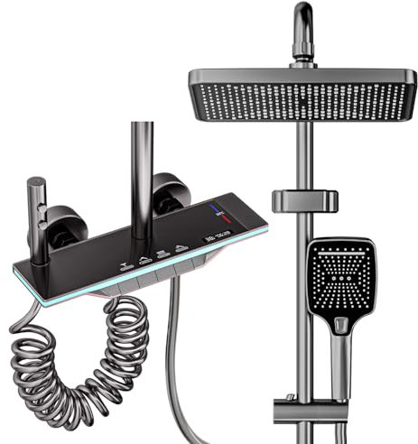 Colonne de Douche avec Mitigeur, Système de Douche avec Douche à Effet Pluie 31x20cm, Douchette à Main à Hauteur RéGlable, Bec De Baignoire Caché, Affichage Digital Led Kit de Douche, Gris