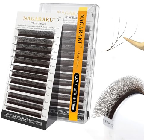 NAGARAKU 4D W Eyelash Extensions 0.07C 8-12mm 4 Tips Brown Volume Lashes | Unique split W shaped design 3 tips Flat root Lightweight Soft fiber Stable curl Fluffy natural eye look