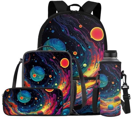 TSOVTHRID Sac à dos pour école 4 pièces grande capacité pour garçons 8-12 ans sac d'école avec sac à déjeuner, galaxy