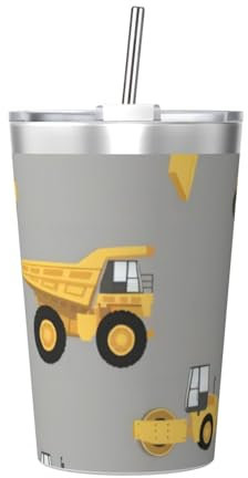 QGWDYYJQ Mug isotherme portable avec paille conique Motif camions de construction 355 ml