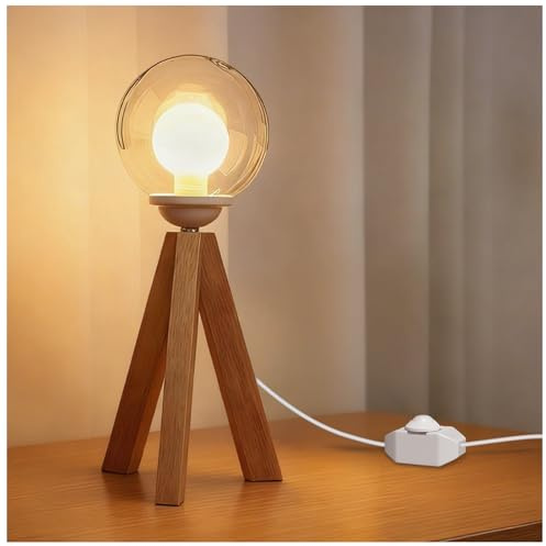 Lamptobe Wood Bedside Table Lamp with G9 LED Bulb,2200K Warm White Tripod Desk Lamps,Dimmable On-Off Switch,Small Table Lamp with Globe Glass Lampshade for Bedroom,Living Room,Office