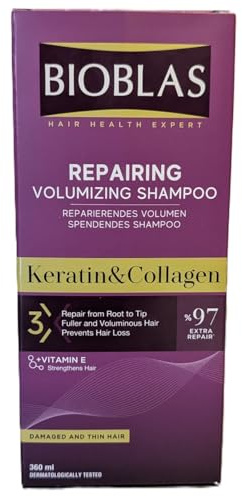 Bioblas Reparierendes Volumen Shampoo mit Keratin & Kollagen - Gegen Haarausfall - 97% Extra Repair für beschädigtes und dünnes Haar - Verleiht Fülle und Stärke - Dermatologisch getestet,360 ml