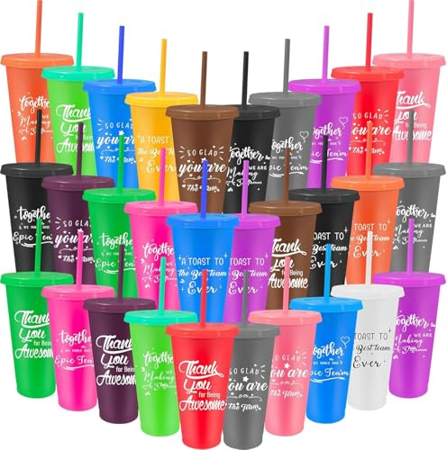 30 Pcs Bulk Employee Appreciation Gifts Thank You Cups Plastic Tumblers with Straw Lid Reusable Inspirational Volunteer Staff Team Cups for Coworker Staffs Volunteer - 710 ml (Multicolor)