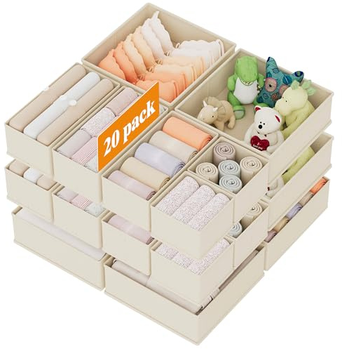 XIVIRACK 20er Set Schubladen Organizer faltbar, Unterwäsche Organizer,Ordnungssystem Kleiderschrank, Aufbewahrungsbox Schrank, Stoffboxen Aufbewahrung, für BHs Socken Krawatten, Beige