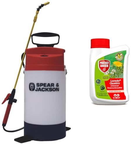 Spear & Jackson Chemikalien-Drucksprüher, 5 l, merhfarbig+Protect Garden Universal-Rasenunkrautfrei Loredo Quattro Rasen-Unkrautvernichter gegen hartnäckige Unkräuter mit 4-Fach Wirkung, 400 ml