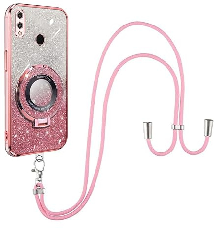 SNCLET Glitzeraufkleber Hülle für Honor 8X Hülle mit Band Kreativer Klappständer Glitzer Ultra Dünne Necklace Weiches TPU Silikon Bumper Stoßfest Handyhülle für Honor 8X,Rosa