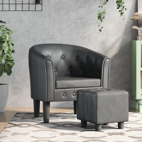 Teenpull Fauteuil club avec repose-pieds en cuir synthétique gris, design moderne, cadre en bois robuste, rembourrage confortable, idéal pour le salon, la chambre à coucher, le bureau