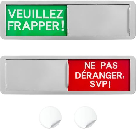 NYVOR Panneau de Porte, 17.7 * 5.2 * 0.5cm Plaque Coulissante Magnétique avec Adhésives 2PCS, Enseigne Claire pour Salle de Réunion École Bureaux Toilette (Argenté, VEUILLEZ FRAPPER/NE PAS DÉRANGE)