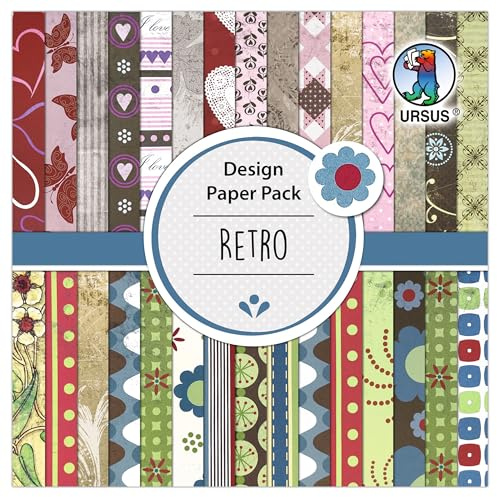 Ursus 4108 00 04 - Design Paper Pack Retro, 30 Blatt, 15 x 15 cm, 190 g/m² Design-Papier in verschiedenen Motiven, beidseitig bedruckt, Bastelpapier für DIY & Deko