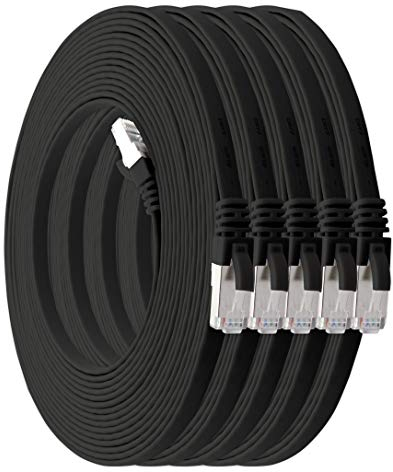 1aTTack.de 5m - schwarz - 5 Stück Cat7 Flachkabel Netzwerkkabel Cat 7 Rohkabel Gigabit Lan (10Gbit/s) Flachbandkabel Verlegekabel Patchkabel Flach Slim Rj 45 Stecker Cat6a