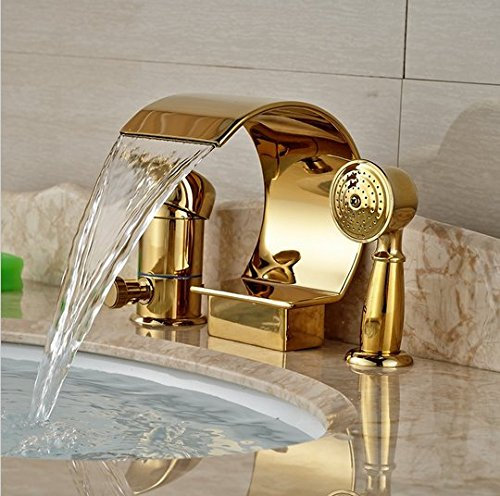 Gowe Luxus Golden Messing Wasserfall Badezimmer Badewanne Wasserhahn Umschalter w/Handsprüher Mixer