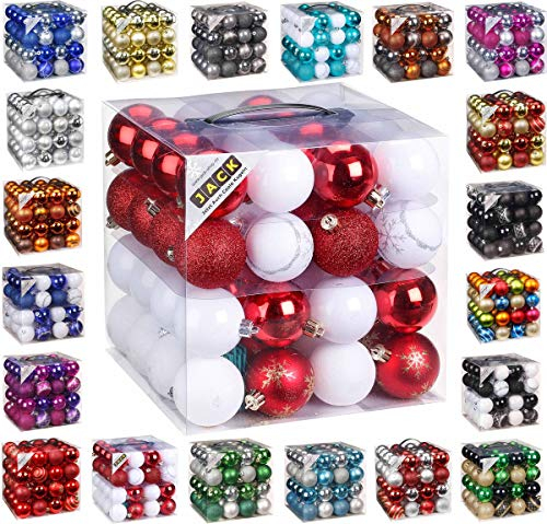 64x Kunststoff Christbaumkugeln Ø 6cm Kugel Box Glanz Glitzer Matt Dekor Inge inkl. Aufhänger, Farbe:Weiß-Rot