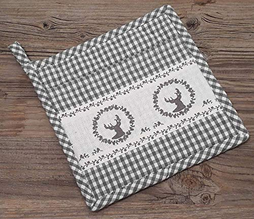 matches21 Topflappen zum Schlupfen Landhaus Premium RESI mit Hirsch Motiv & kariert Hitzeschutz Küche - in Grau 1 STK
