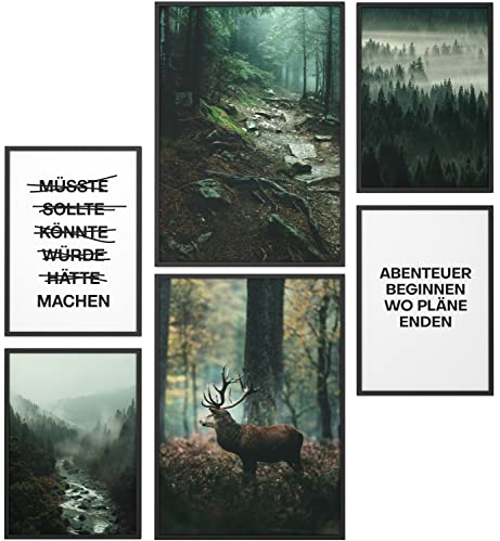 Papierschmiede® Mood Poster Set Mystic Forest, Bilder Wohnzimmer Deko Schlafzimmer, 2x DIN A4 und 4x DIN A5, Wald Fluss Hirsch Grün - ohne Rahmen