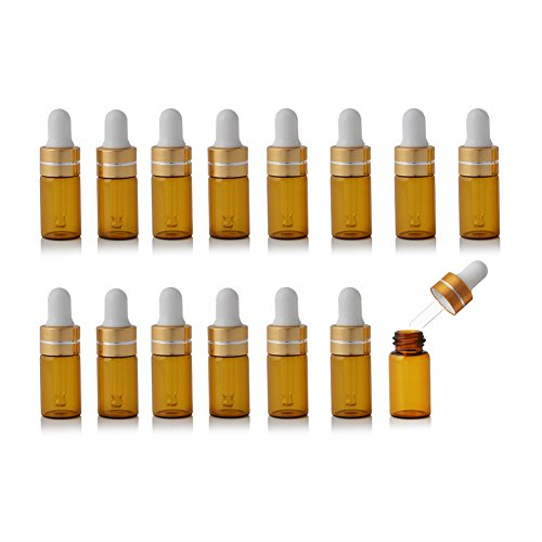 Enslz 15 Stück Mini bernsteinfarbene nachfüllbare Glasflaschen für ätherische Öle, Parfüm, Kosmetik, Proben, Aufbewahrung mit goldenem Schraubverschluss (3 ml)