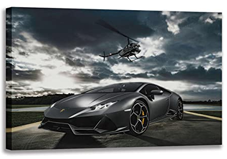 Annick Goutal Moderne Malerei Lamborghini Huracan Grauer Supersportwagen Und Hubschrauber Wandkunst Sportwagen Poster Leinwanddruck Für Schlafzimmer Hauptzimmer Dekor (1,40_x_60_cm(ohne Rahmen))