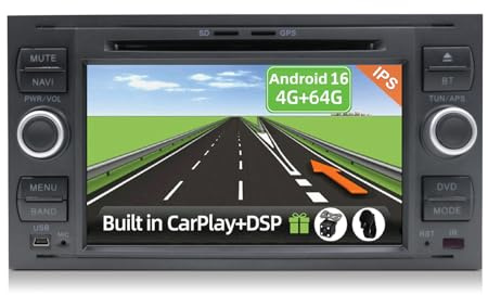 YUNTX [4+64G] Android 16 2 Din Autoradio per Ford Fiesta/Kuga/Transit/Focus - Incorporato CarPlay/Android Auto/DSP/Mirror Link/Bluetooth 5.0/Controllo del volante/Dual WiFi - Camera/MIC Incluso