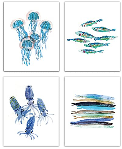 CREATCABIN 4 stücke Lustige Bunte Badezimmer Ocean Life Zitate Kunstdruck Sea Life Print Set Leinwand Wandkunst Poster Quallen Octopus Hairtail Für Kinderzimmer Schlafzimmer Badezimmer 8 x 10 Zoll