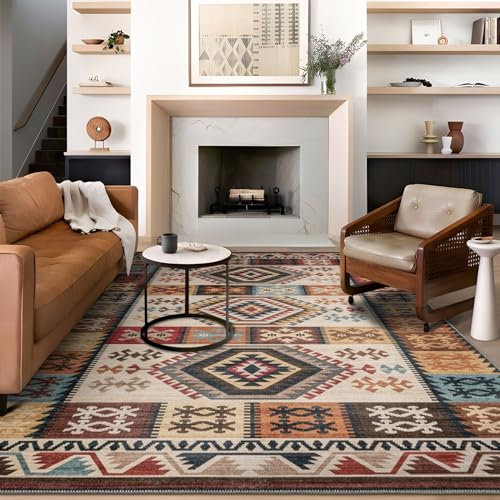 Fashriend Rita Marokkanischer Flächenteppich, waschbar, Westernteppich, rutschfester Südwest-Boho-Teppich, fusselfreier Azteken-Teppich, geometrischer Teppich mit niedrigem Flor, für Wohnzimmer,