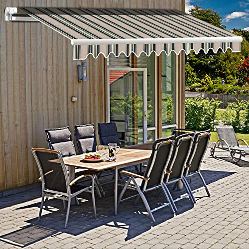 Green Bay DIY Manual Patio Awning, Multi-Stripe Retractable Gazebo Outdoor Canopy, Garden Sun Shade 3m x 2.5m