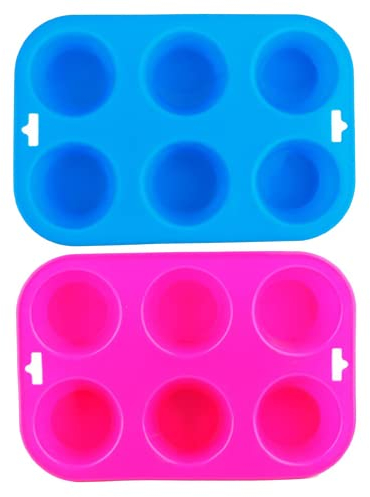 Selecto Bake 6 Cup Silicone Bun/Muffin Mould Cupcake Yorkshire Pudding Non Stick Tray Baking Blue, Pink Pack of 2