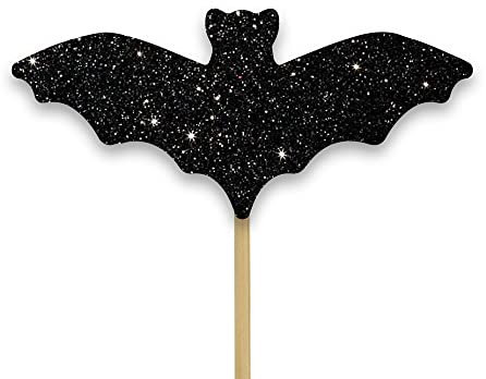 Anniversary House 12pcs Halloween Bat Cupcake Toppers - Double-Sided Black Glitter Decorations with Sturdy Bamboo Picks - Easy No-Assembly Spooky Party Cake & Cupcake Accessories