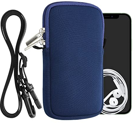 kwmobile Handytasche für Smartphones L - 6,5 - Neopren Handy Hülle Dunkelblau mit Kordel - Handy Tasche mit Handykette 16,5 x 8,9 cm Innenmaße