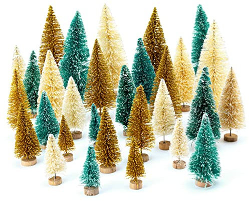 30 Pcs Mini Christmas Trees w. Wood Base Sisal Trees Artificial Pine Trees Bottle Brush Trees Christmas Tabletop Decorations (Blue Green+Gold+Ivory)