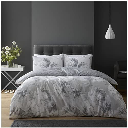 GC GAVENO CAVAILIA Blooming Flowers Duvet Cover King Size | Reversible Rose Grey Bedding Sets King Size | Breathable Quilt Cover Bed Set | Rose