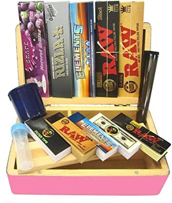 Raw Rizla, Rolling, Box, Kit, Smoking Accessories, Gift Set #1, PINK | Smell Proof, Wooden, Stash Box, With, Papers, Tips, Cones, Roach Booklets, Bundle, Wooden Rolling Organiser with Magnetic Lid