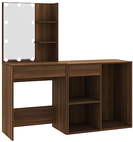 vidaXL LED-Schminktisch mit Schrank Braun Eichen-Optik Holzwerkstoff, Schminktisch mit Spiegel, Schminktisch beleuchtet, Schminktisch Set
