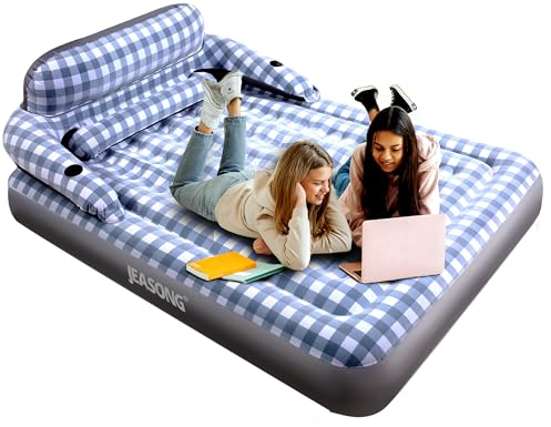 JEASONG Air Mattress with Headboard, Fast Inflation/Deflation Inflatable Airbed, 9 Inches High Blow Up Bed with Comfortable Flocked Top for Home Guest Travel Camping (PLAID)